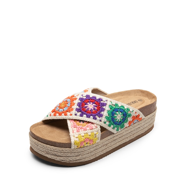 Raffia Flatform Flat Sandals - CREAM MULTI -  0
